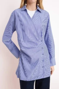 Trendyol Modest Mavi Striped V-neck Asymmetric Closure Regular/Normal Pattern Shirt - Image 3