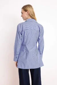 Trendyol Modest Mavi Striped V-neck Asymmetric Closure Regular/Normal Pattern Shirt - Image 4