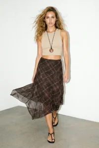Drop by TrendyolMilla Brown Asymmetric Plaid Patterned Tulle Skirt