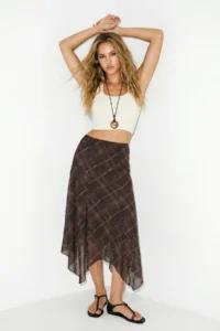 Drop by TrendyolMilla Brown Asymmetric Plaid Patterned Tulle Skirt - Image 2