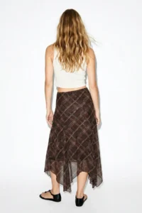 Drop by TrendyolMilla Brown Asymmetric Plaid Patterned Tulle Skirt - Image 3