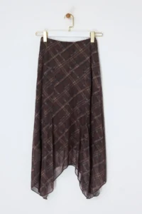 Drop by TrendyolMilla Brown Asymmetric Plaid Patterned Tulle Skirt - Image 4