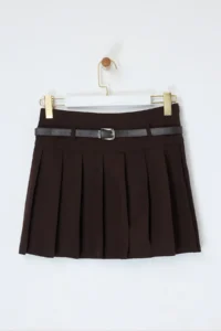Drop by TrendyolMilla Brown Arched pleated Weaving Mini Shorts Skirt - Image 3