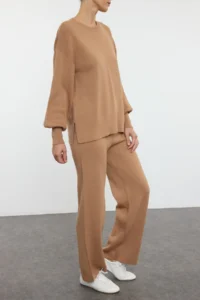 TRENDYOLMİLLA Camel Wide Pattern Basic Knitwear Top and Bottom Set - Image 2
