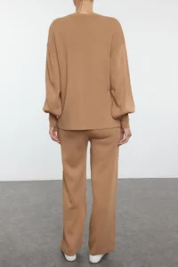 TRENDYOLMİLLA Camel Wide Pattern Basic Knitwear Top and Bottom Set - Image 4