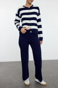TRENDYOLMİLLA Navy Blue Striped Pantolonlu Knitwear Top and Bottom Set