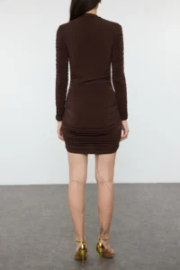 Edit by Trendyol Brown Fitted Knitting Short Dress - Image 4