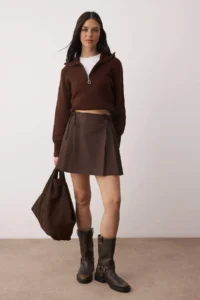 TRENDYOLMiLLA Brown Pleat and Ribbon Detailed Mini Size Weaving Skirt