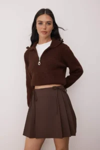 TRENDYOLMiLLA Brown Pleat and Ribbon Detailed Mini Size Weaving Skirt - Image 3