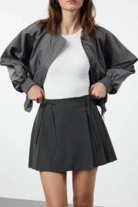 TRENDYOLMiLLA Dark Anthracite Pleat and Ribbon Detailed Mini Size Weaving Skirt