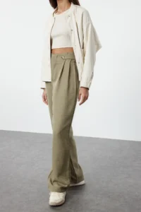 TRENDYOLMİLLA Khaki Waist Detailed Wide Leg/Wide Leg Weaving Pants - Image 2