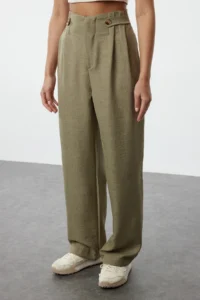 TRENDYOLMİLLA Khaki Waist Detailed Wide Leg/Wide Leg Weaving Pants - Image 3