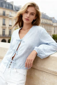 TRENDYOLMİLLA Light Blue Front tied up Weaving Shirt - Image 2