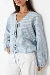TRENDYOLMİLLA Light Blue Front tied up Weaving Shirt - Image 3
