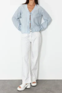 TRENDYOLMİLLA Light Blue Front tied up Weaving Shirt - Image 4