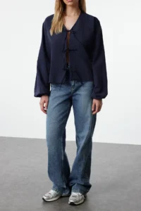 TRENDYOLMİLLA Navy Blue Front tied up Weaving Shirt - Image 2