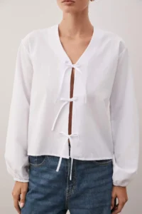 TRENDYOLMİLLA White Front tied up Weaving Shirt - Image 3