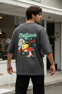 MAN Plus Size Anthracite Oversized/Wide Cut Faded Effect Printed 100% Cotton T-Shirt