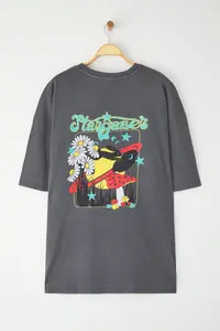 MAN Plus Size Anthracite Oversized/Wide Cut Faded Effect Printed 100% Cotton T-Shirt - Image 2