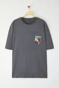 MAN Plus Size Anthracite Oversized/Wide Cut Faded Effect Printed 100% Cotton T-Shirt - Image 3