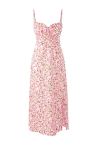 TRENDYOLMİLLA Pink Floral Midi Weaving Dress - Image 4