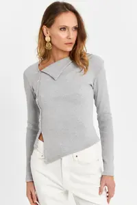 Cool & Sexy Women Gray Button with accessories Cross Collar Blouse