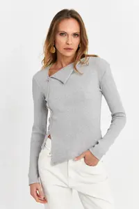 Cool & Sexy Women Gray Button with accessories Cross Collar Blouse - Image 2