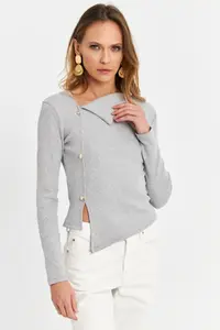 Cool & Sexy Women Gray Button with accessories Cross Collar Blouse - Image 3