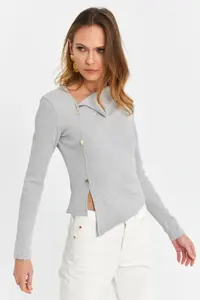 Cool & Sexy Women Gray Button with accessories Cross Collar Blouse - Image 4