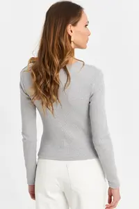 Cool & Sexy Women Gray Button with accessories Cross Collar Blouse - Image 5