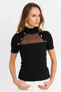 Cool & Sexy Women Black Button with accessories Camisole Blouse - Image 4