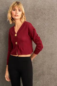 Cool & Sexy Women Burgundy Button Detailed Blouse - Image 2