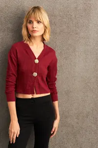 Cool & Sexy Women Burgundy Button Detailed Blouse - Image 3