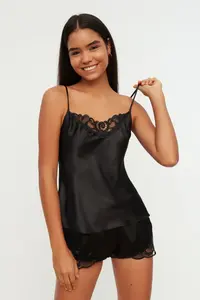 TRENDYOLMİLLA Black Lace Rope Sleeveless Satin OF shorts Weaving Pajama Set - Image 3
