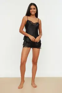 TRENDYOLMİLLA Black Lace Rope Sleeveless Satin OF shorts Weaving Pajama Set - Image 5