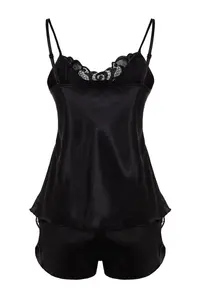 TRENDYOLMİLLA Black Lace Rope Sleeveless Satin OF shorts Weaving Pajama Set - Image 9