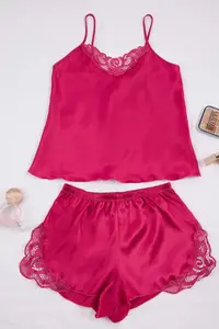 TRENDYOLMİLLA Dark Pink Lace Rope Sleeveless Satin OF shorts Weaving Pajama Set