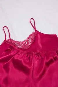 TRENDYOLMİLLA Dark Pink Lace Rope Sleeveless Satin OF shorts Weaving Pajama Set - Image 3