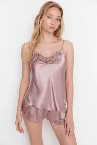 TRENDYOLMİLLA Mink Lace Rope Sleeveless Satin OF shorts Weaving Pajama Set - Image 2