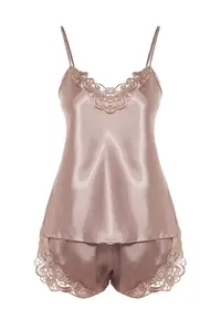 TRENDYOLMİLLA Mink Lace Rope Sleeveless Satin OF shorts Weaving Pajama Set - Image 7