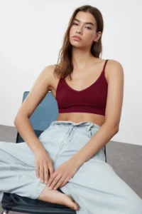 TRENDYOLMİLLA Burgundy seamless/Seamless Rope Sleeveless Without underwire Wireless bralette Knitting Bra