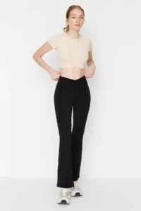 TRENDYOLMİLLA Black Double breasted Waist Detailed flared leg Yoga Knitting Sports Leggings - Image 2