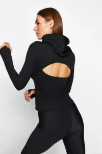 TRENDYOLMİLLA Black Ribbed Thumb and Back Window/Cut Out Detailed Knitting Sports Top/Blouse