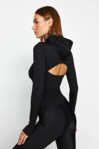 TRENDYOLMİLLA Black Ribbed Thumb and Back Window/Cut Out Detailed Knitting Sports Top/Blouse - Image 5
