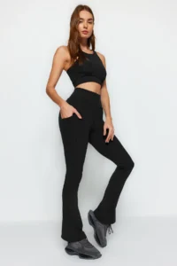 TRENDYOLMİLLA Black Brushed Soft Material Reflector Printed flared leg Yoga Knitting Sports Leggings