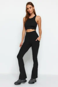 TRENDYOLMİLLA Black Brushed Soft Material Reflector Printed flared leg Yoga Knitting Sports Leggings - Image 3