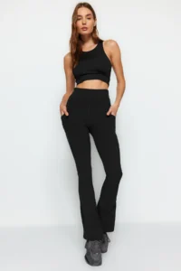TRENDYOLMİLLA Black Brushed Soft Material Reflector Printed flared leg Yoga Knitting Sports Leggings - Image 4