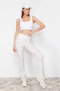 TRENDYOLMİLLA Ecru Brushed Soft Material Reflector Printed flared leg Yoga Knitting Sports Leggings - Image 4