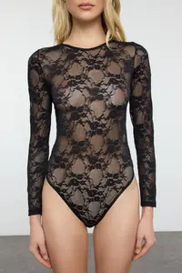 TRENDYOLMİLLA Black Lace Cellular/Delikli Wireless snaps Knitting Bodysuit .D.00001 - Image 3