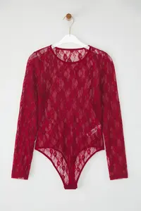 TRENDYOLMİLLA Burgundy Lace Cellular/Delikli Wireless snaps Long Sleeve Knitting Bodysuit .D.00001 - Image 5